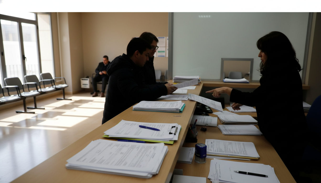Manos de personas intercambiando documentos en el mostrador de una oficina de trámites de extranjería, con pilas de expedientes y bolígrafos.