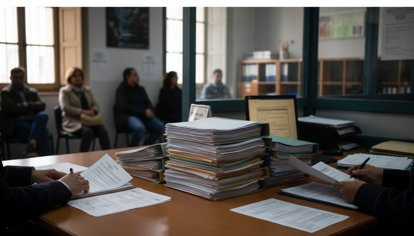 Manos de un funcionario revisando documentos sobre un mostrador en una oficina de extranjería, simbolizando la gestión de trámites migratorios.