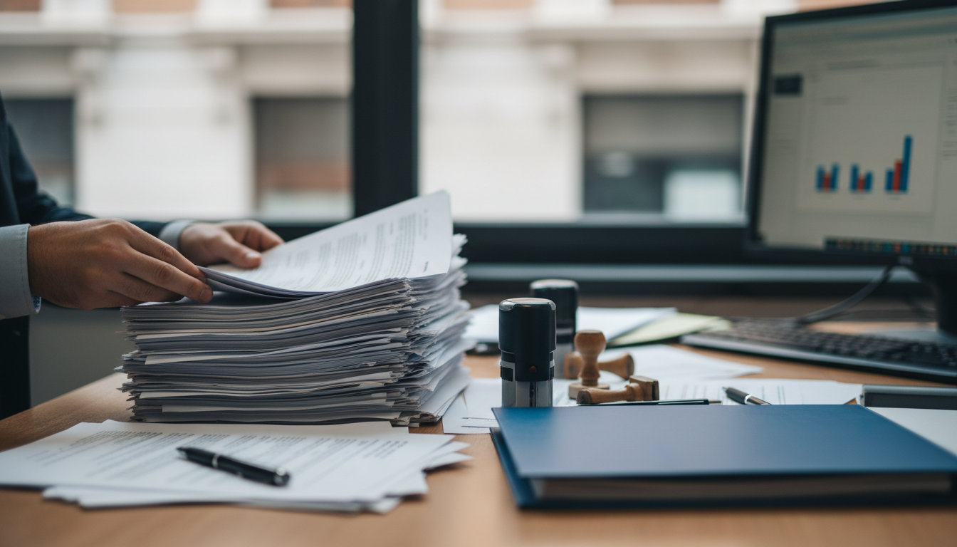 Manos sobre documentos de extranjería y formularios en una mesa, organizando papeles para un trámite de regularización.