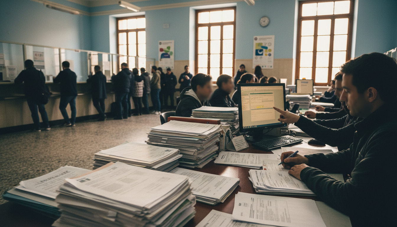 Manos sobre documentos y un ordenador, mostrando la intensa labor de preparación para la solicitud de la regularización extraordinaria en una oficina de asesoría.