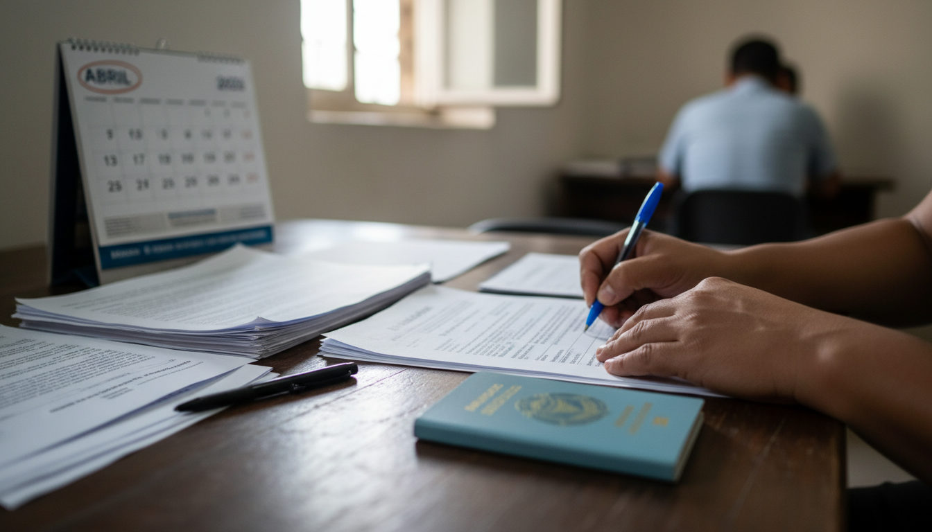 Manos de una persona completando formularios para la regularización migratoria en España, con documentos y un pasaporte sobre la mesa.