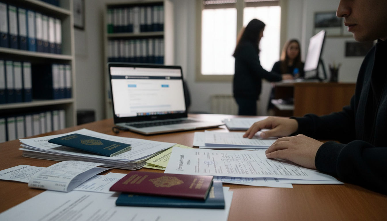 Manos de una familia latina organizando documentos de extranjería sobre una mesa, con un pasaporte y un certificado de empadronamiento a la vista, buscando información en un portátil.