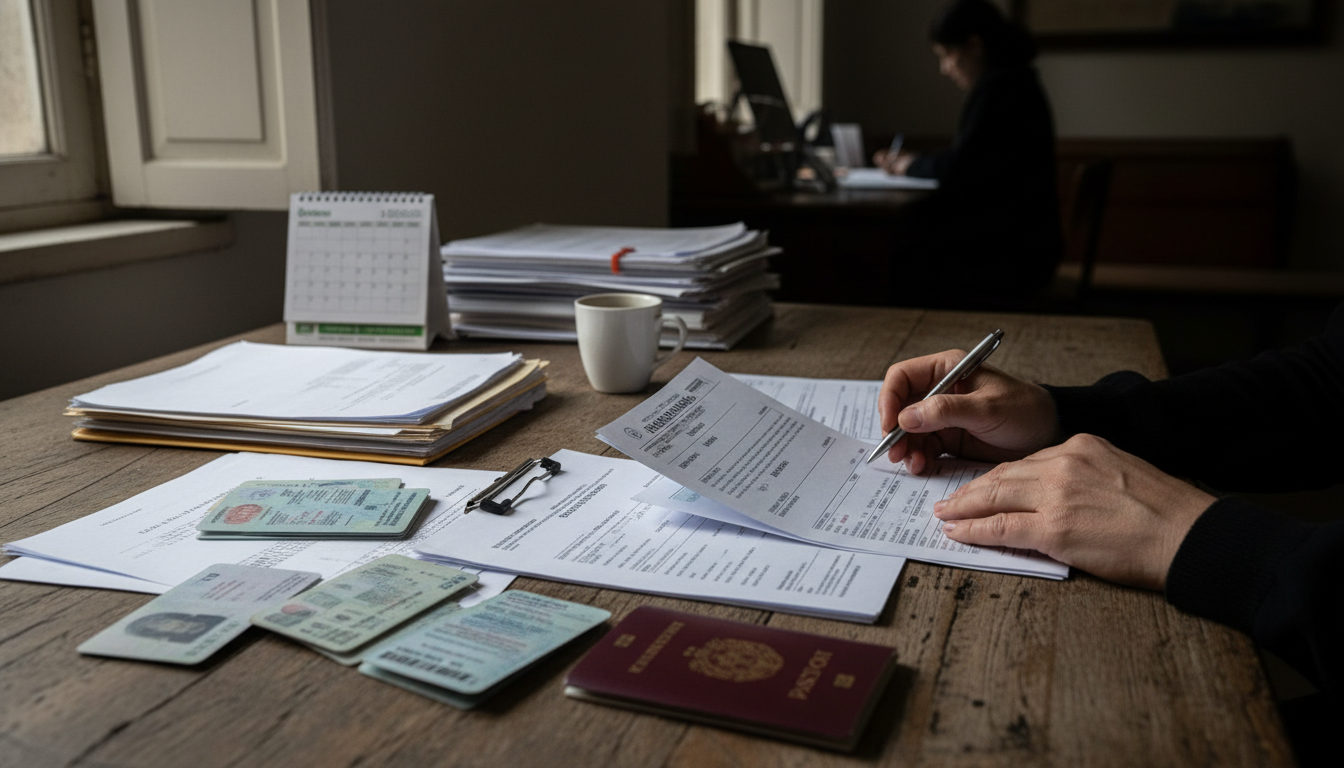 Manos de una persona organizando documentos de identidad y certificados sobre una mesa, preparando un expediente legal en España.