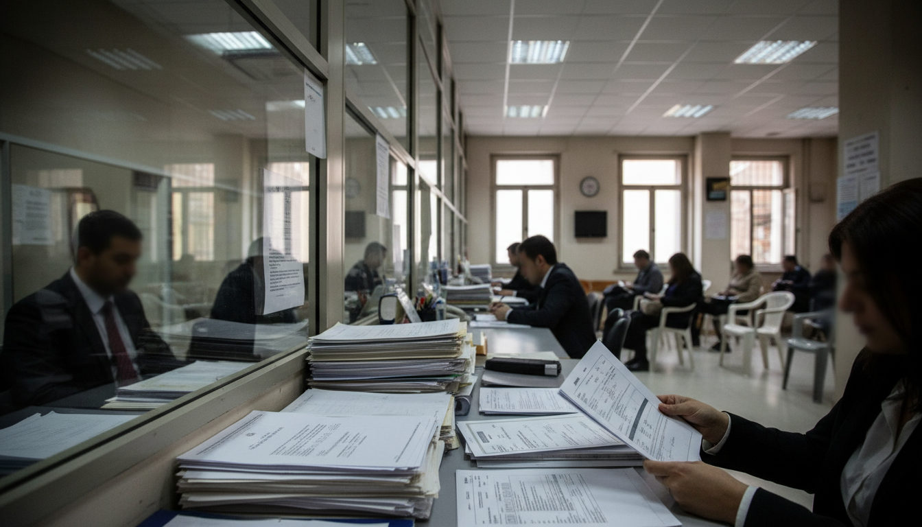 Manos de una persona adulta revisando y organizando documentos en un escritorio, con formularios oficiales y sellos de fondo.