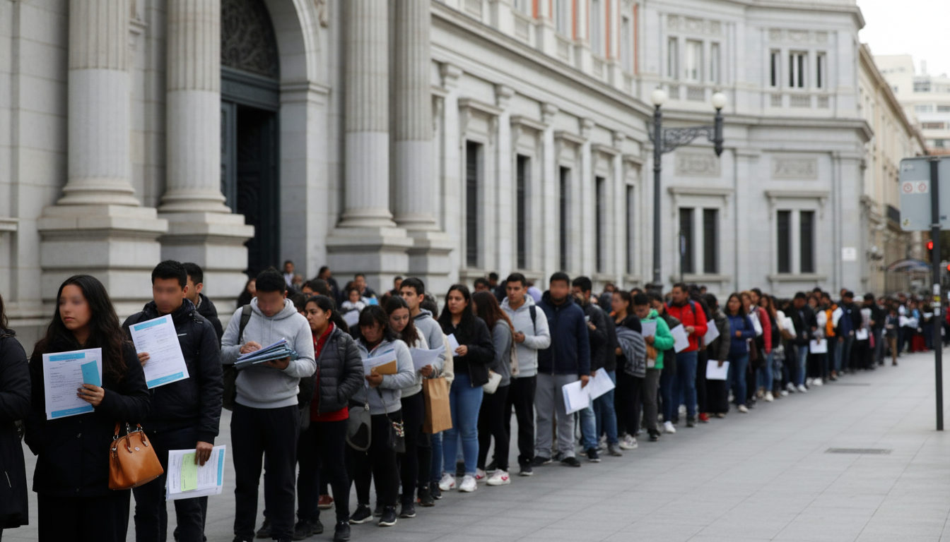 Varias personas, algunas con apariencia latina, en fila o conversando fuera de un edificio público en España, sosteniendo papeles y carpetas.