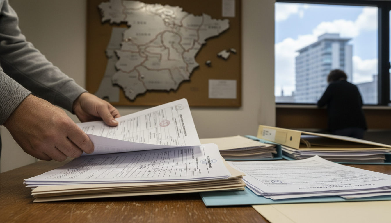 Manos preparando documentos y formularios para la solicitud de residencia en España sobre una mesa.