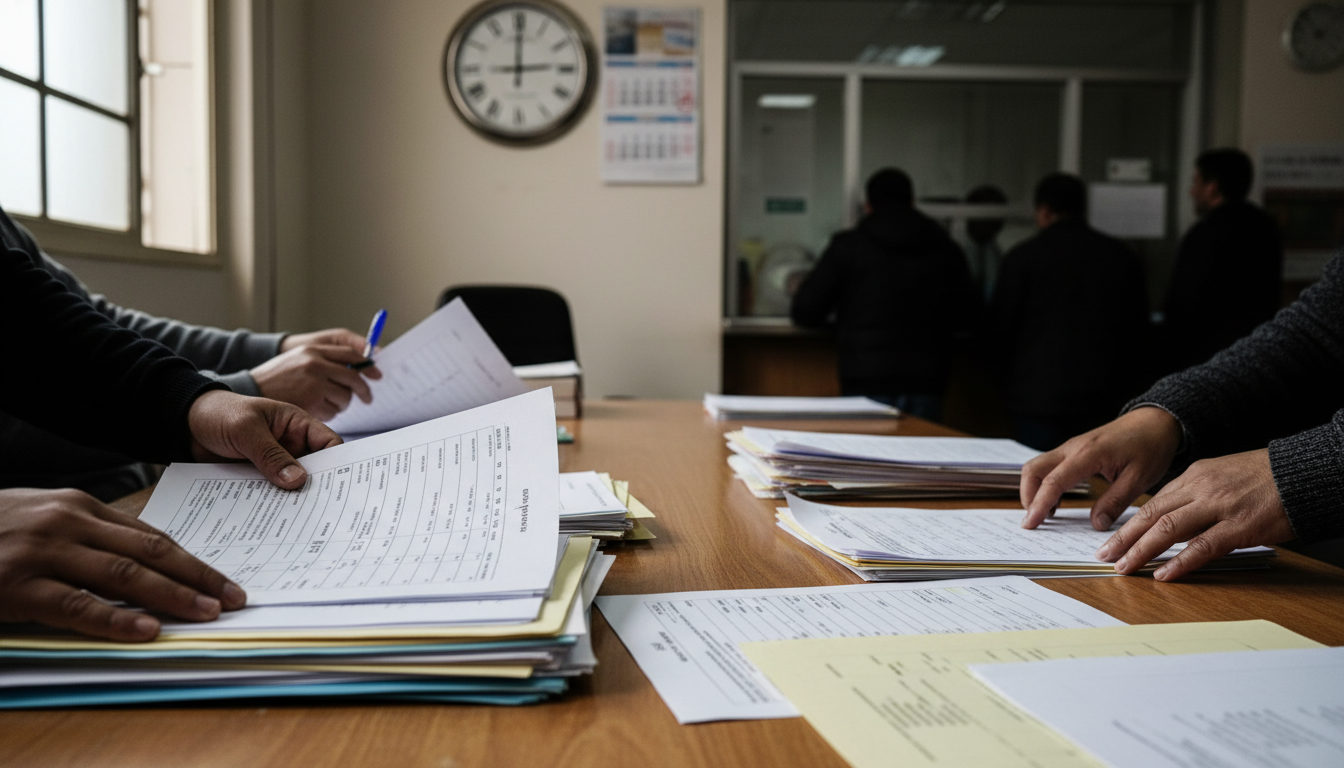 Manos sobre un escritorio revisando formularios y papeles de trámites de extranjería, con otros documentos apilados en una oficina.