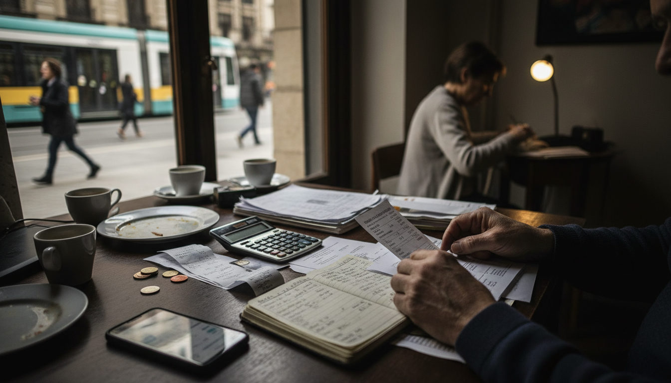 Persona revisando una app de envío de dinero junto a facturas del hogar
