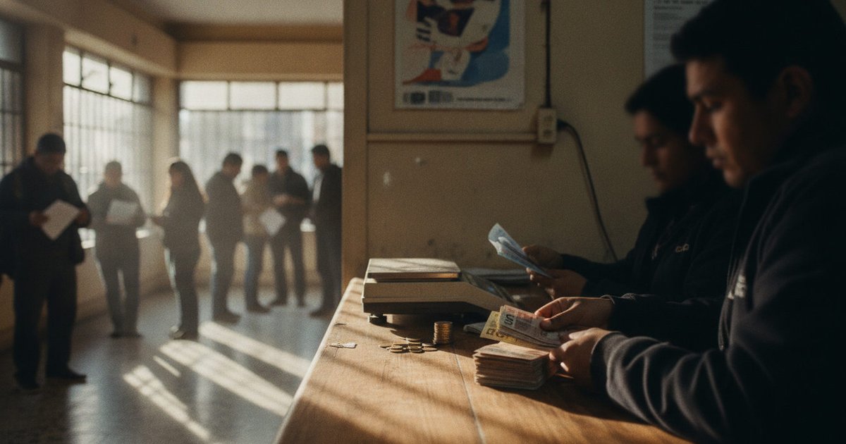 Manos de un empleado de casa de cambio contando billetes mientras otra mano, posiblemente de un cliente, espera al otro lado del mostrador, en un local concurrido de América Latina.