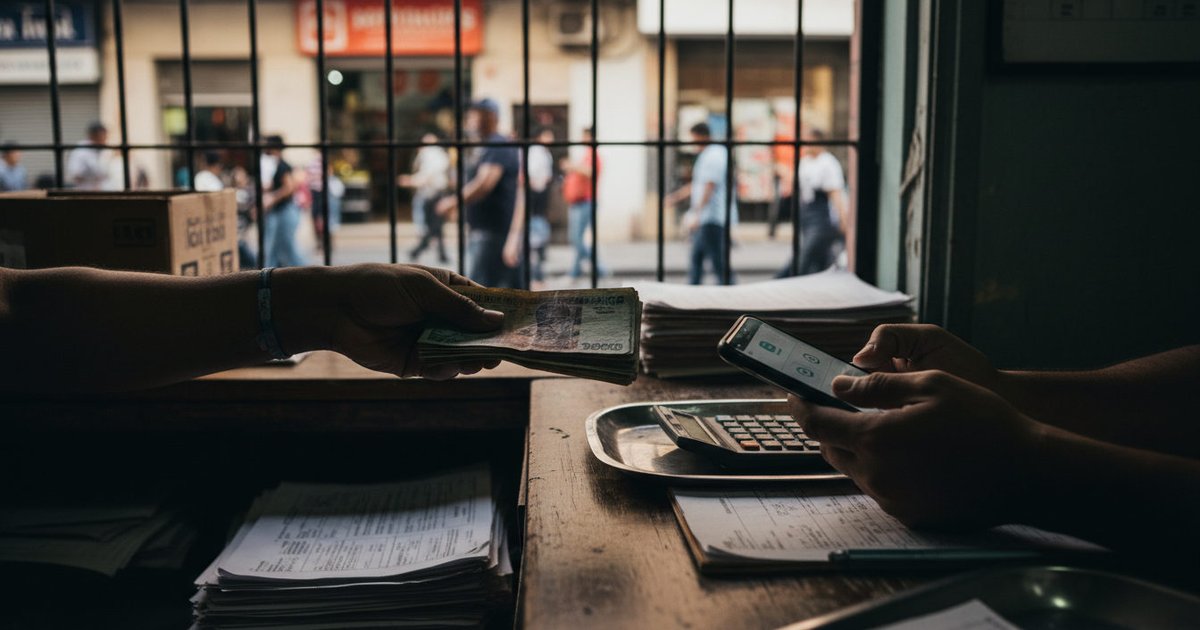 Manos intercambiando billetes de dinero sobre el mostrador de una agencia de envío de remesas, reflejando el flujo económico.