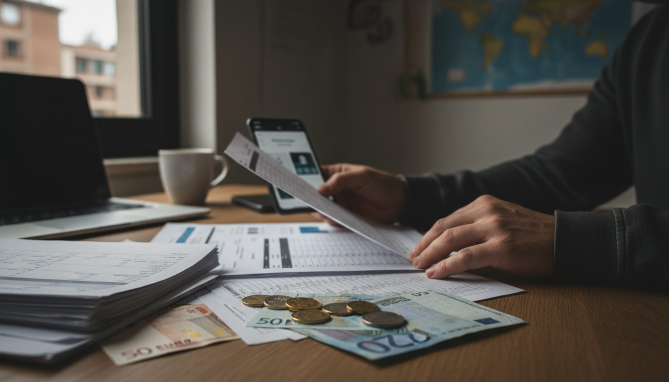 Manos de una persona adulta revisando documentos de transferencias y billetes de euro en un escritorio, con un móvil mostrando una app de remesas, reflejando preocupación por la situación económica familiar.