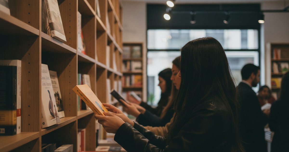 Manos de personas de diferentes orígenes tocando libros en una estantería de novedades en una librería, con títulos recientes en español visibles.