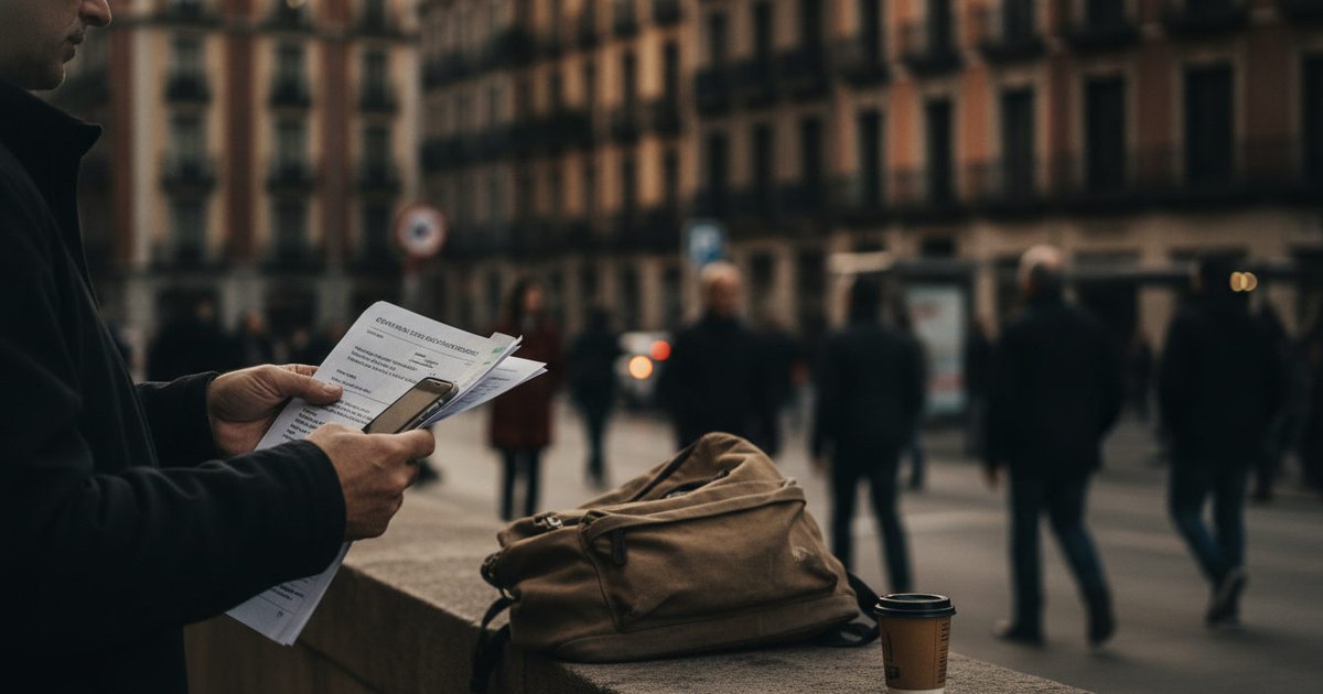 Manos sosteniendo folletos de alquiler y un documento de contrato en una calle con edificios de viviendas al fondo, simbolizando la búsqueda y el acceso a la vivienda en España.