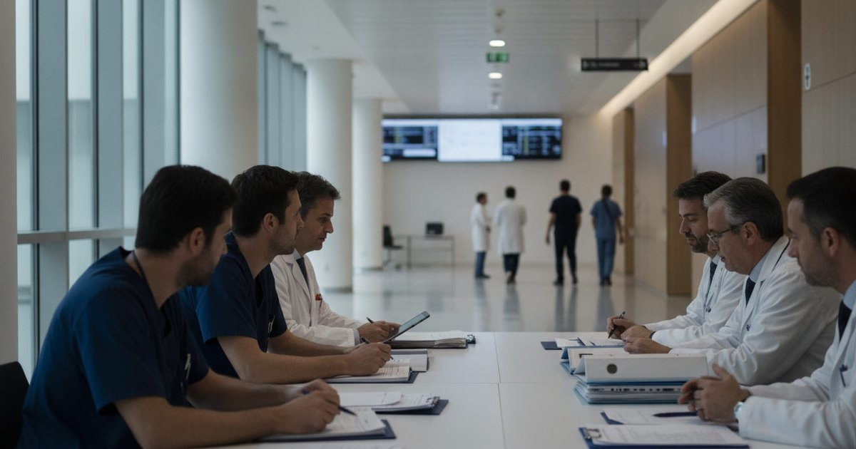 Profesionales sanitarios conversando en un hospital, con papeles en mano y un ordenador visible, en un ambiente de trabajo colaborativo.