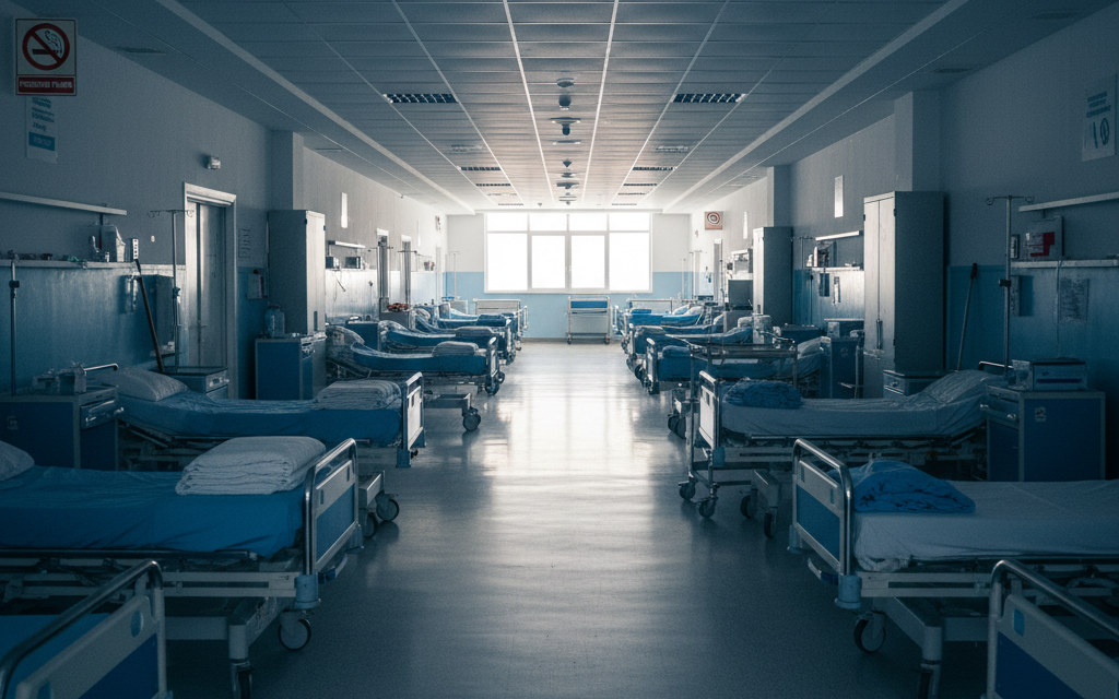 Manos de un profesional sanitario examinando documentos en un mostrador de un centro de atención primaria, con actividad de personal en el fondo.