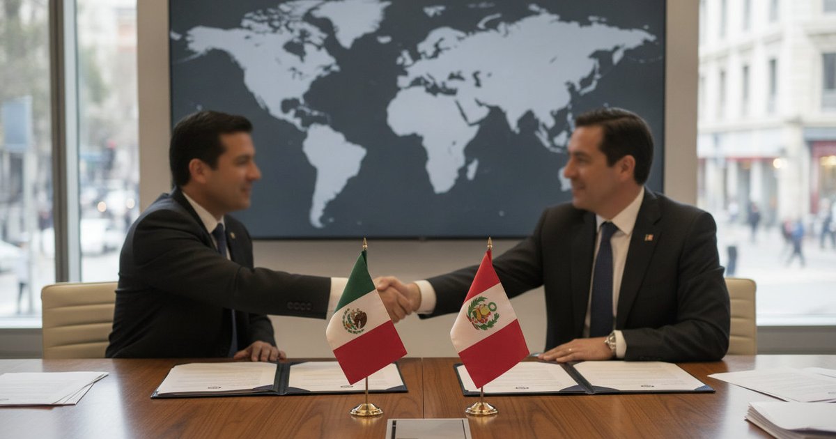 Manos de diplomáticos mexicanos y peruanos estrechándose sobre documentos y banderas tras el restablecimiento de relaciones.