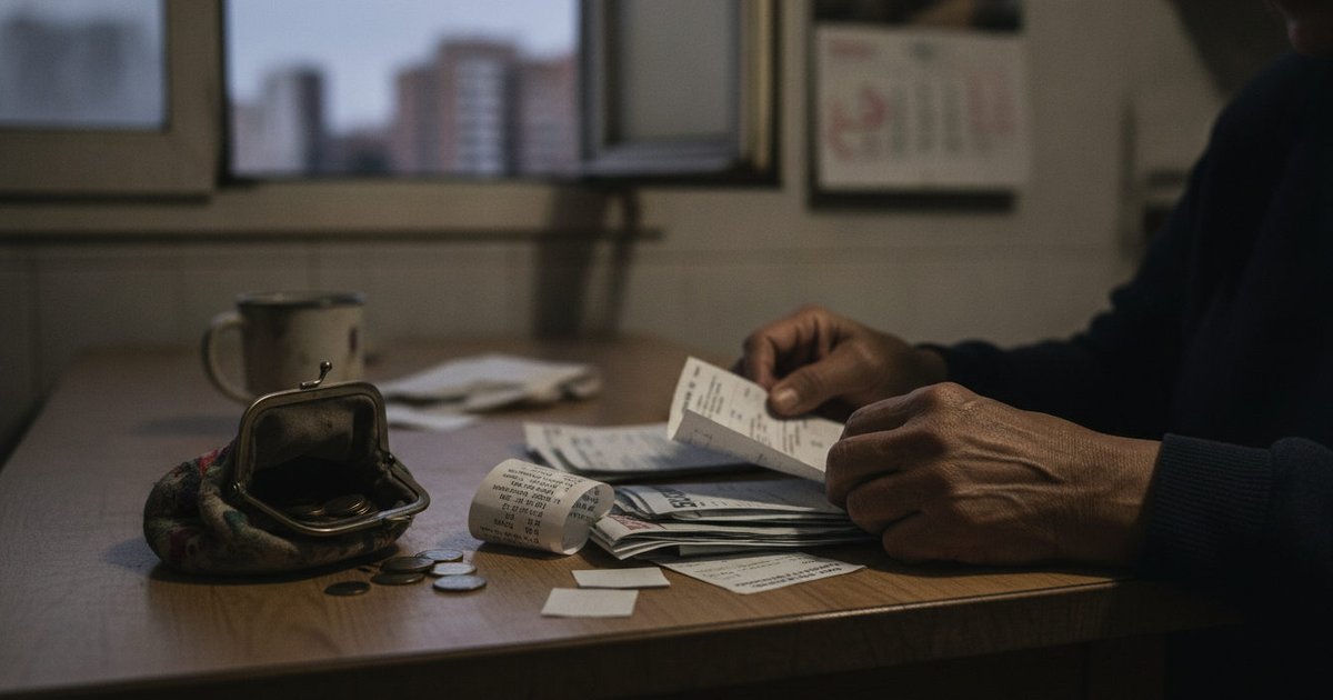 Manos examinando facturas de servicios y recibos de compra en una mesa, con monedas dispersas, reflejando la gestión del presupuesto familiar bajo presión.