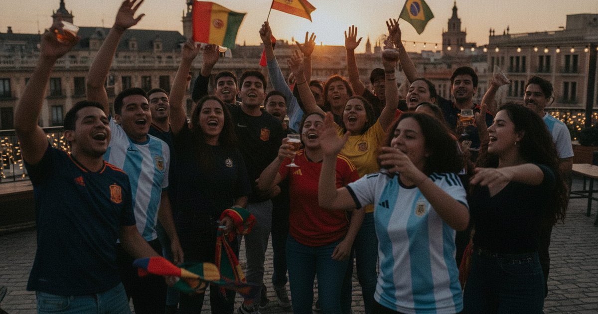 Grupo diverso de personas, incluyendo latinos, celebrando con alegría y banderas en una plaza o terraza en España, con ambiente de fiesta.