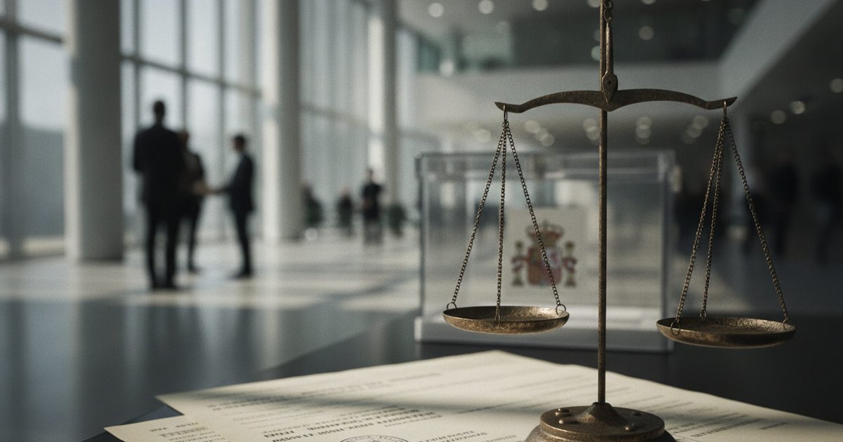 Balanza de la justicia y elementos que evocan unas elecciones, como una urna y documentos, sobre un fondo neutro.