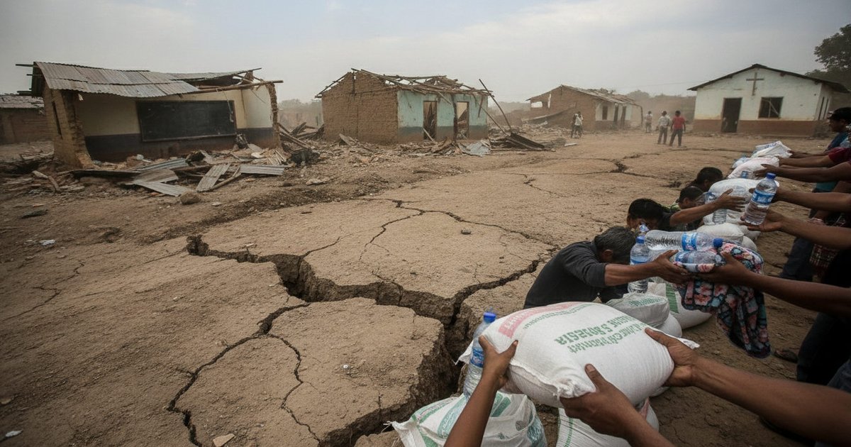 Manos entregan paquetes de ayuda humanitaria entre escombros de viviendas tras el terremoto en una zona rural de Colombia.