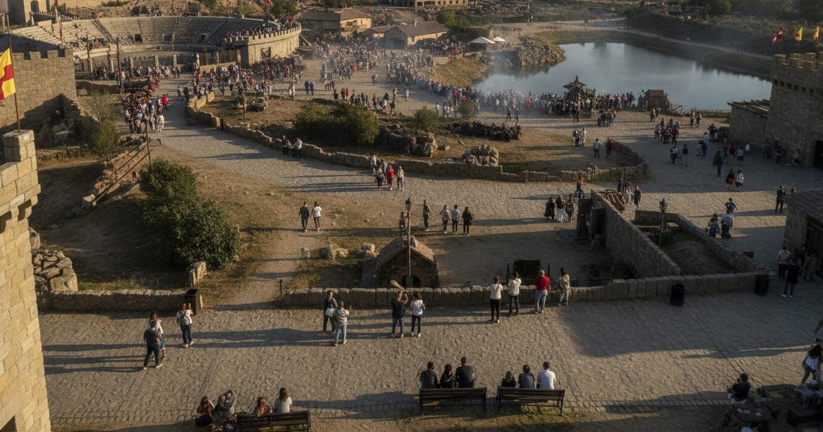 Visitantes paseando por las calles temáticas y plazas de Puy du Fou en Toledo, un parque histórico que celebra la cultura española con espectáculos al aire libre.
