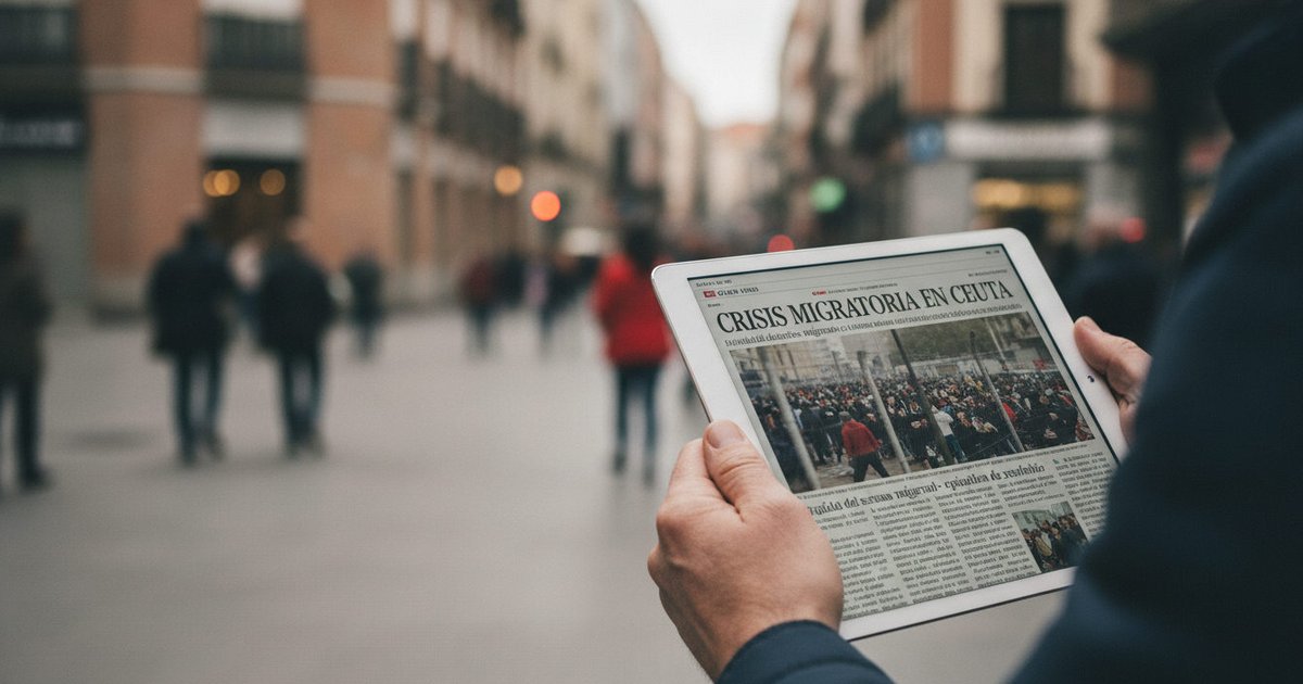 Manos leen en una tableta las noticias sobre la crisis migratoria en Ceuta, con el ambiente urbano de España de fondo.
