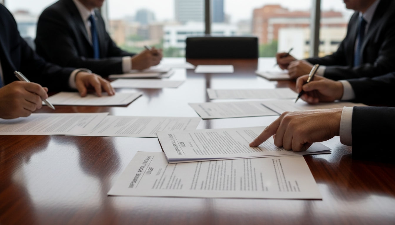 Manos examinando detenidamente documentos oficiales y papeles sobre una mesa de reuniones, con un bolígrafo y quizás una lupa, simbolizando una investigación en curso.