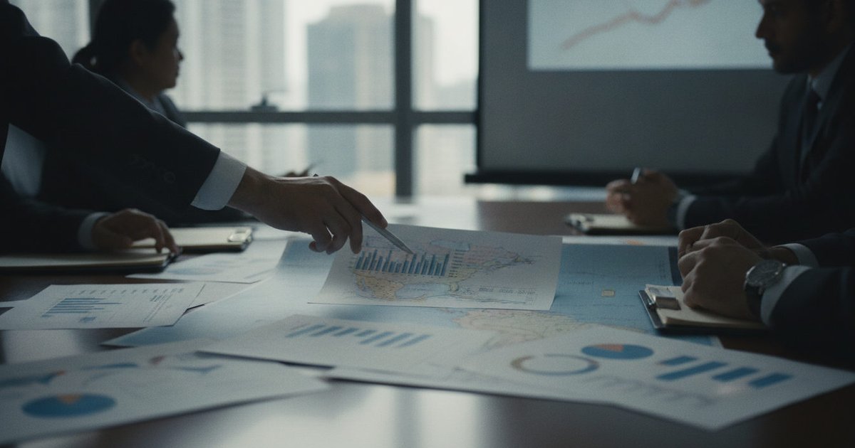 Manos analizando documentos y un mapa de la relación comercial entre México y Estados Unidos sobre una mesa de reuniones.