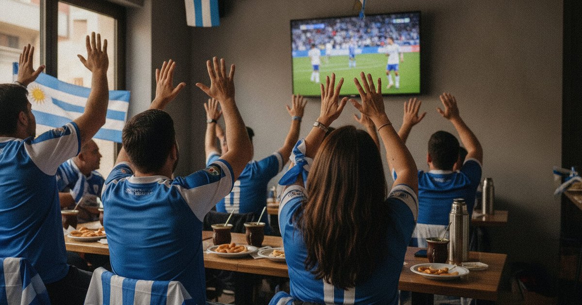 Aficionados uruguayos en España reaccionando emocionados durante el partido inaugural del Mundial 2026.