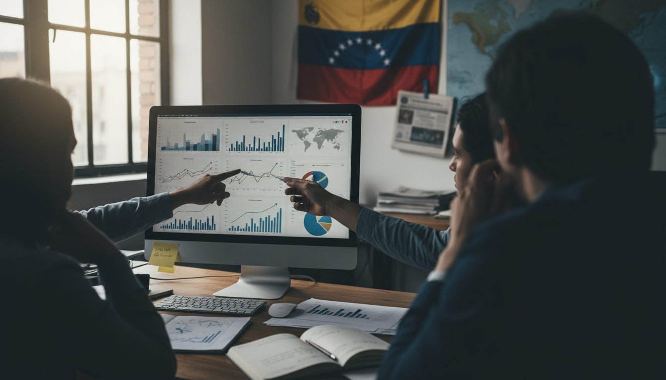 Manos analizando datos económicos en un monitor de ordenador dentro de una oficina con una bandera venezolana.