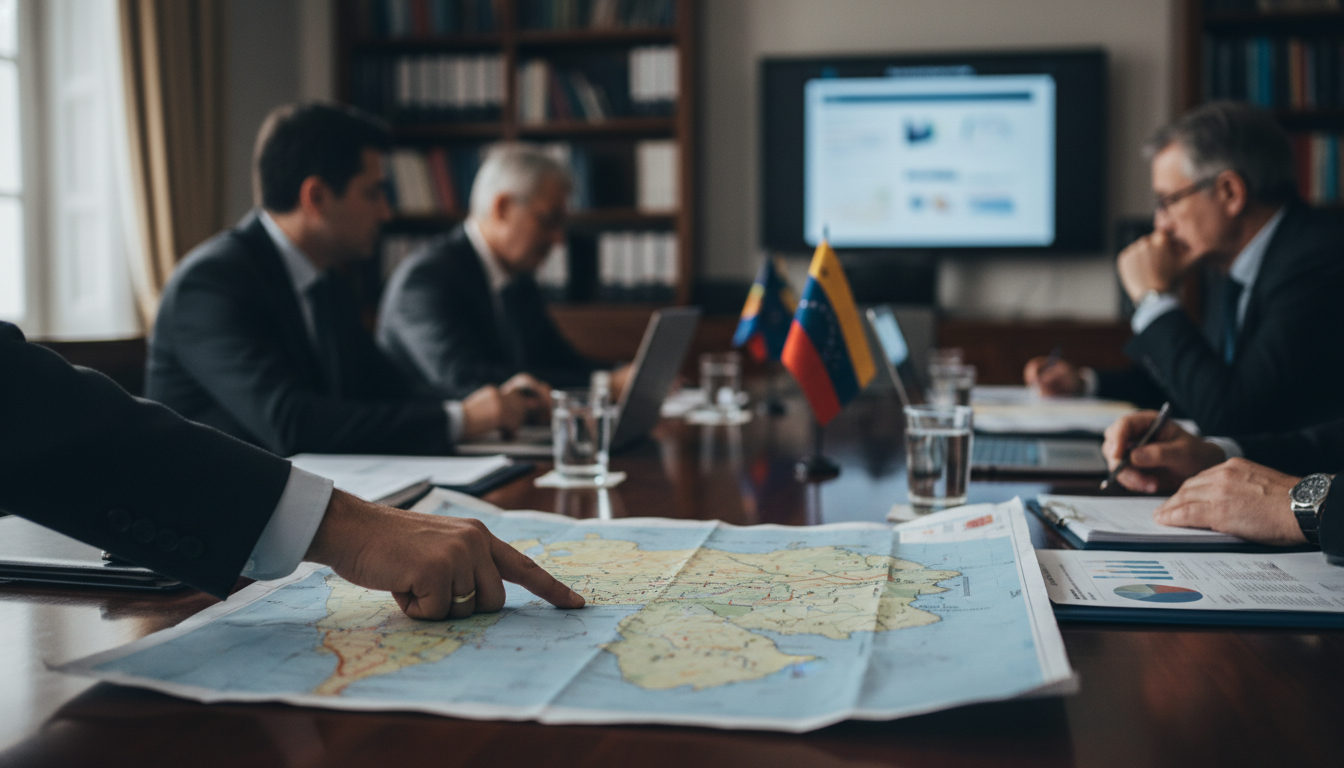 Manos de diplomáticos sobre un mapa de Venezuela en una mesa de reuniones, discutiendo el futuro político del país.