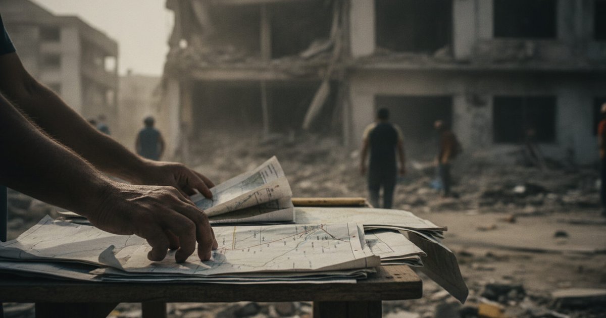 Manos de un trabajador humanitario revisando documentos de ayuda en una zona afectada por los terremotos en Venezuela, con edificaciones dañadas al fondo.