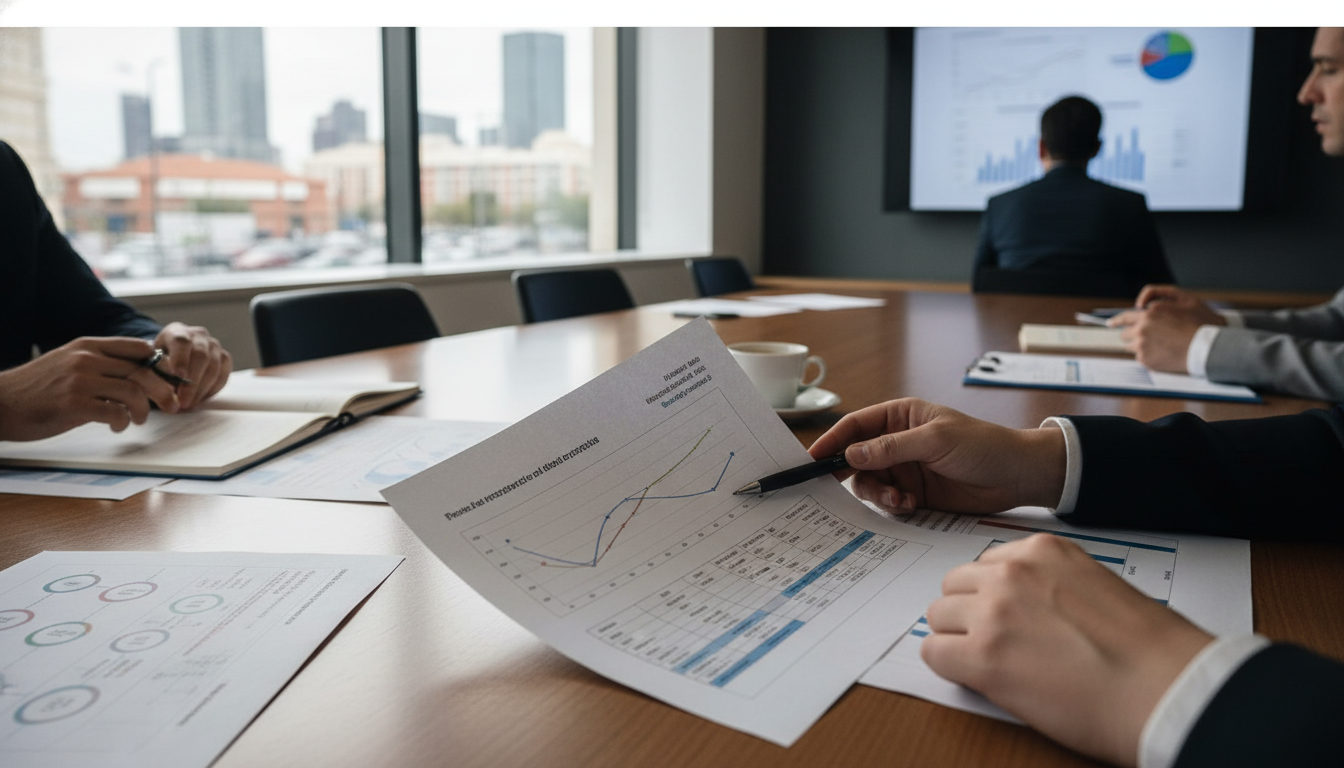 Manos analizando informes económicos y financieros sobre una mesa de reuniones, con gráficos y datos que sugieren discusiones sobre la deuda externa.