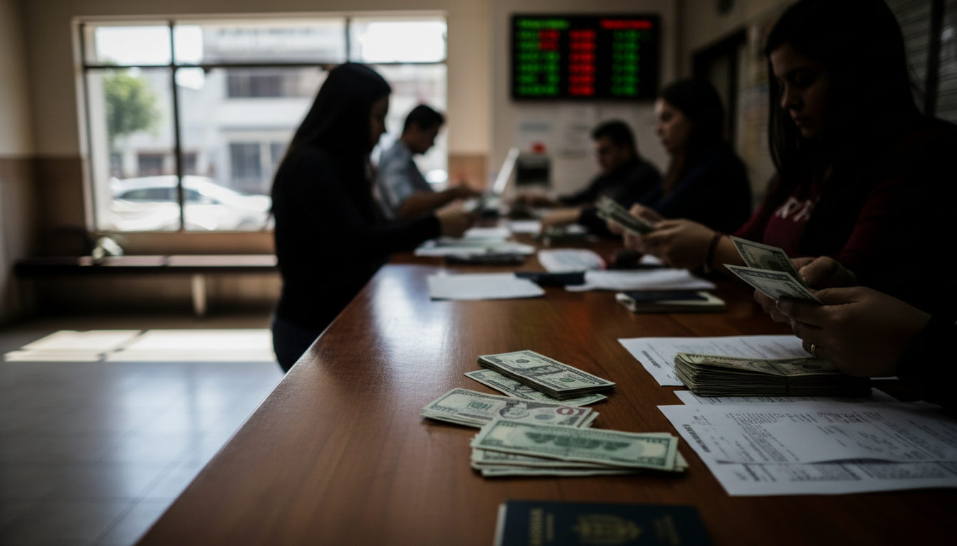 Personas tramitando operaciones de cambio de divisas en un mostrador bancario en Venezuela, con billetes de dólar y bolívar a la vista.
