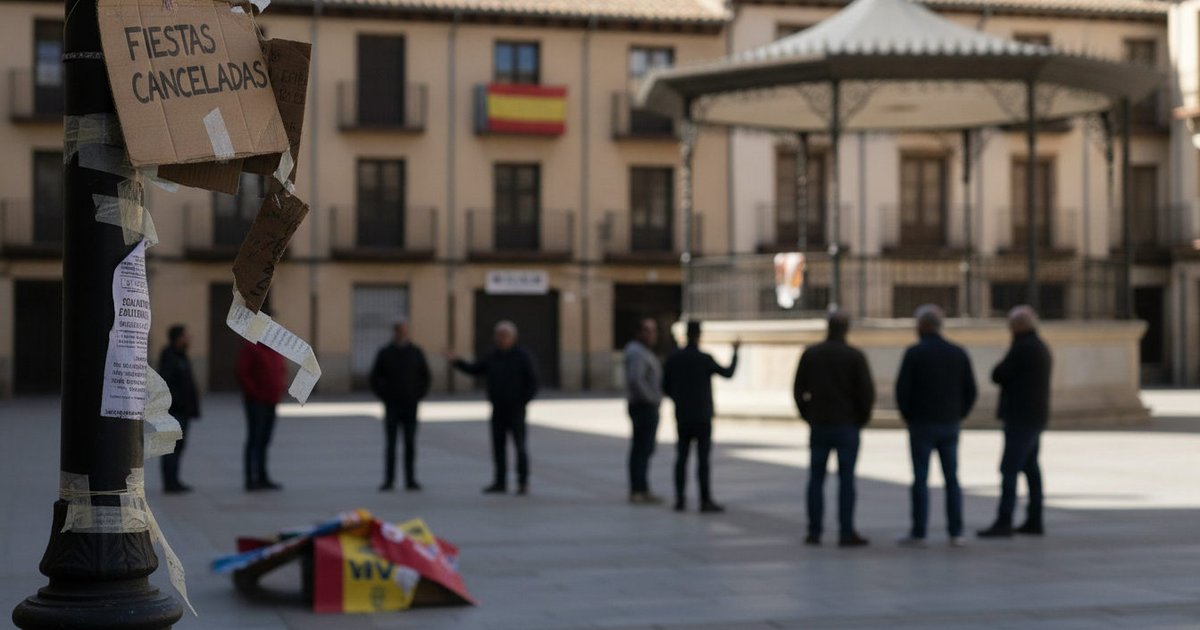 Una plaza de Villarejo de Salvanés con carteles de 'fiestas canceladas' y un pequeño grupo de vecinos conversando, reflejando el impacto de la suspensión de las celebraciones en la localidad.