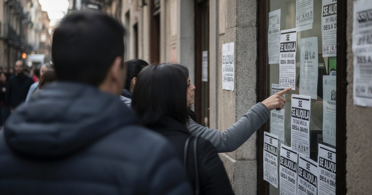 Varias personas observan con preocupación los carteles de pisos en alquiler en el escaparate de una agencia inmobiliaria en una calle de una ciudad española.