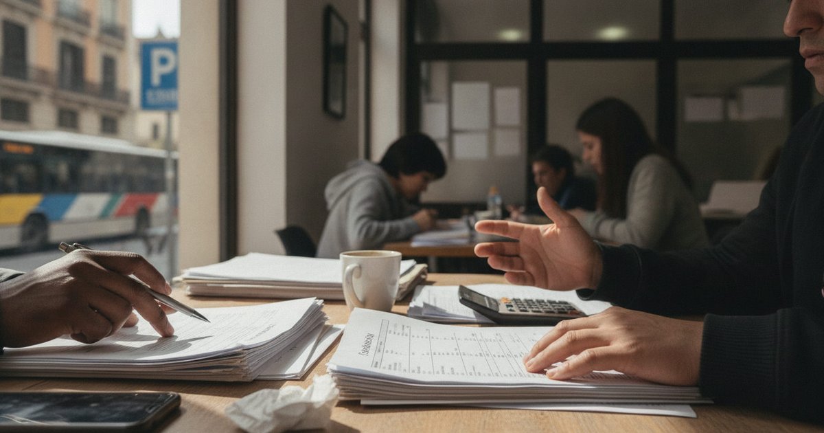 Manos de una familia latina revisando contratos de alquiler y nóminas sobre una mesa, simbolizando las dificultades económicas y de vivienda en España.